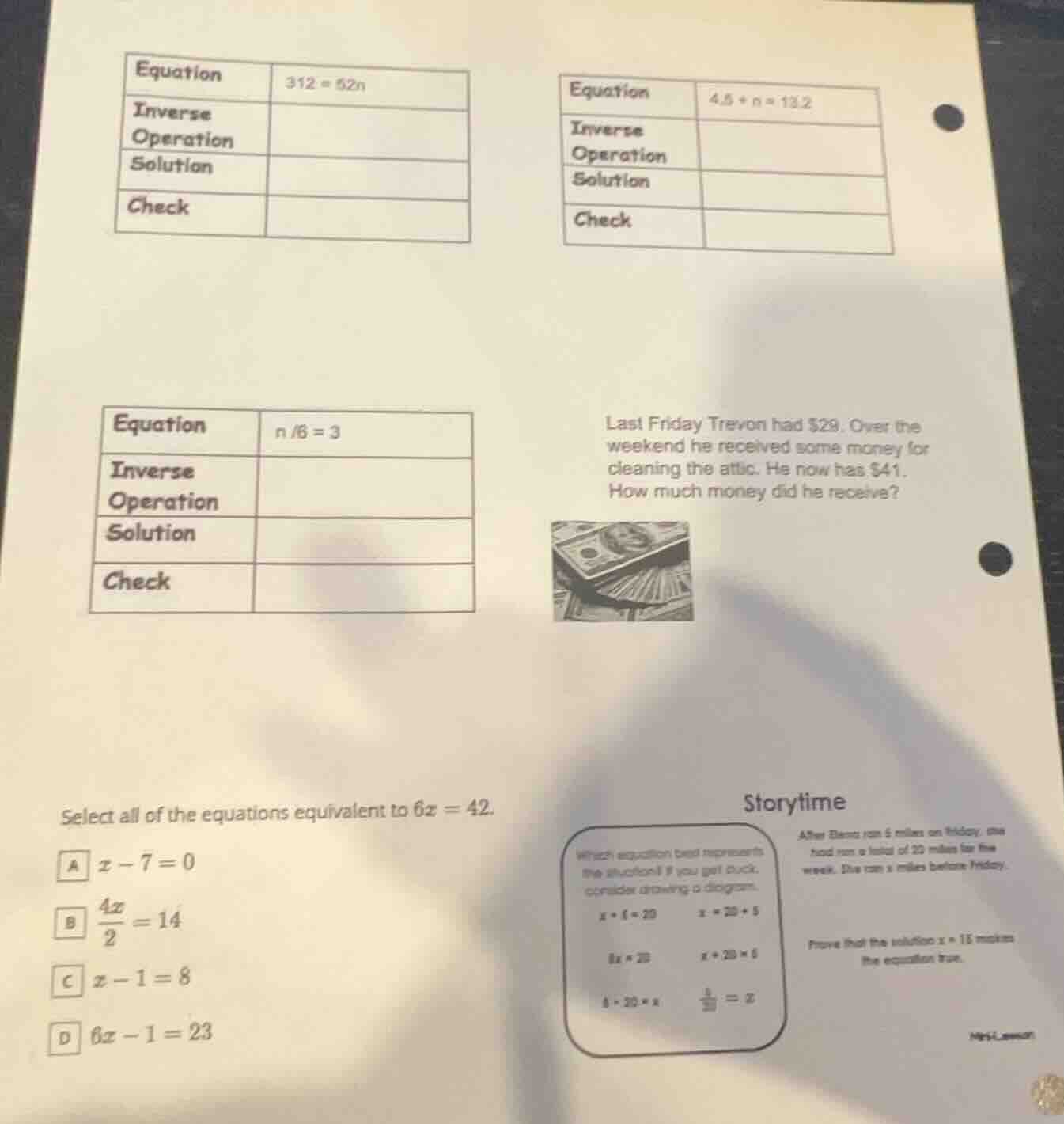equation 312 = 52n inverse operation solution check equation 4.5 + n = …