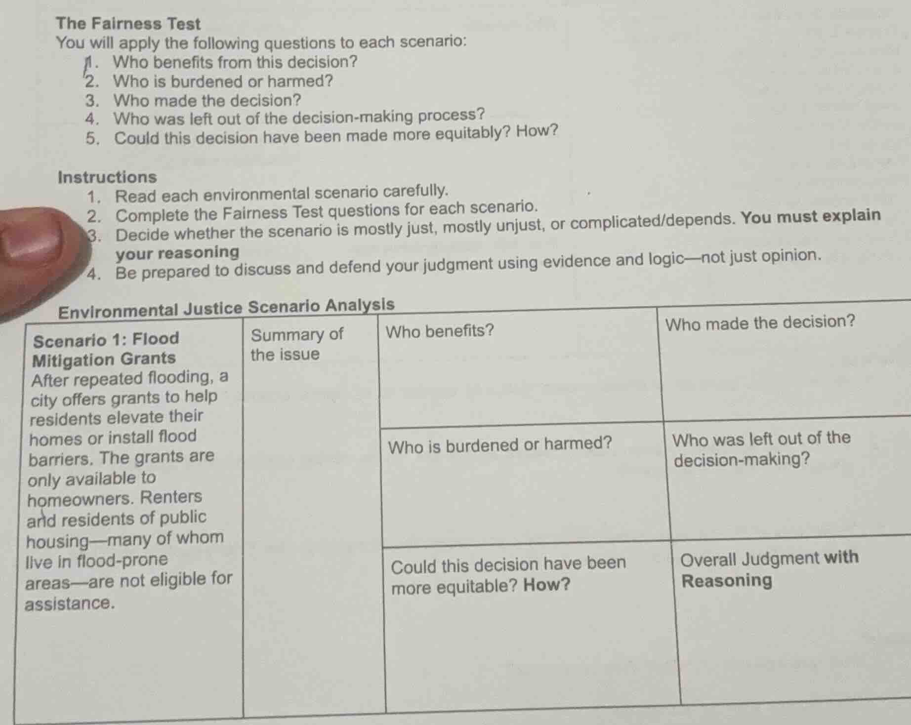 the fairness test you will apply the following questions to each scenar…