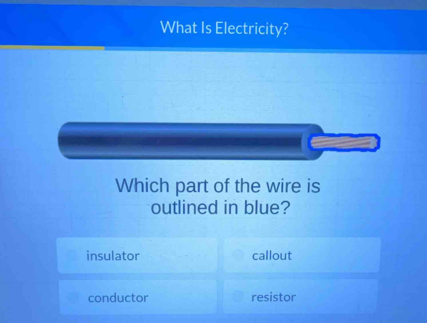 what is electricity? which part of the wire is outlined in blue? insula…