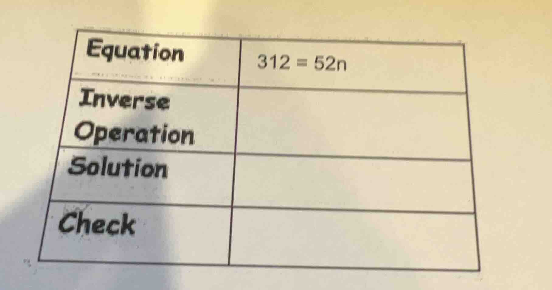 equation: 312 = 52n; inverse operation: (blank); solution: (blank); che…