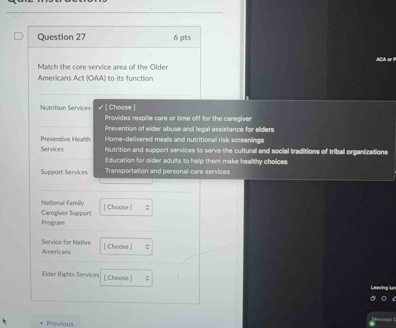 question 27 6 pts match the core service area of the older americans ac…