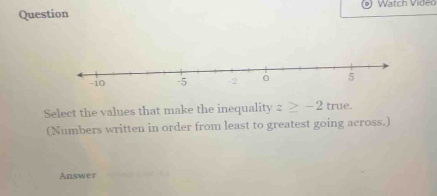 question select the values that make the inequality ( z geq -2 ) true. …