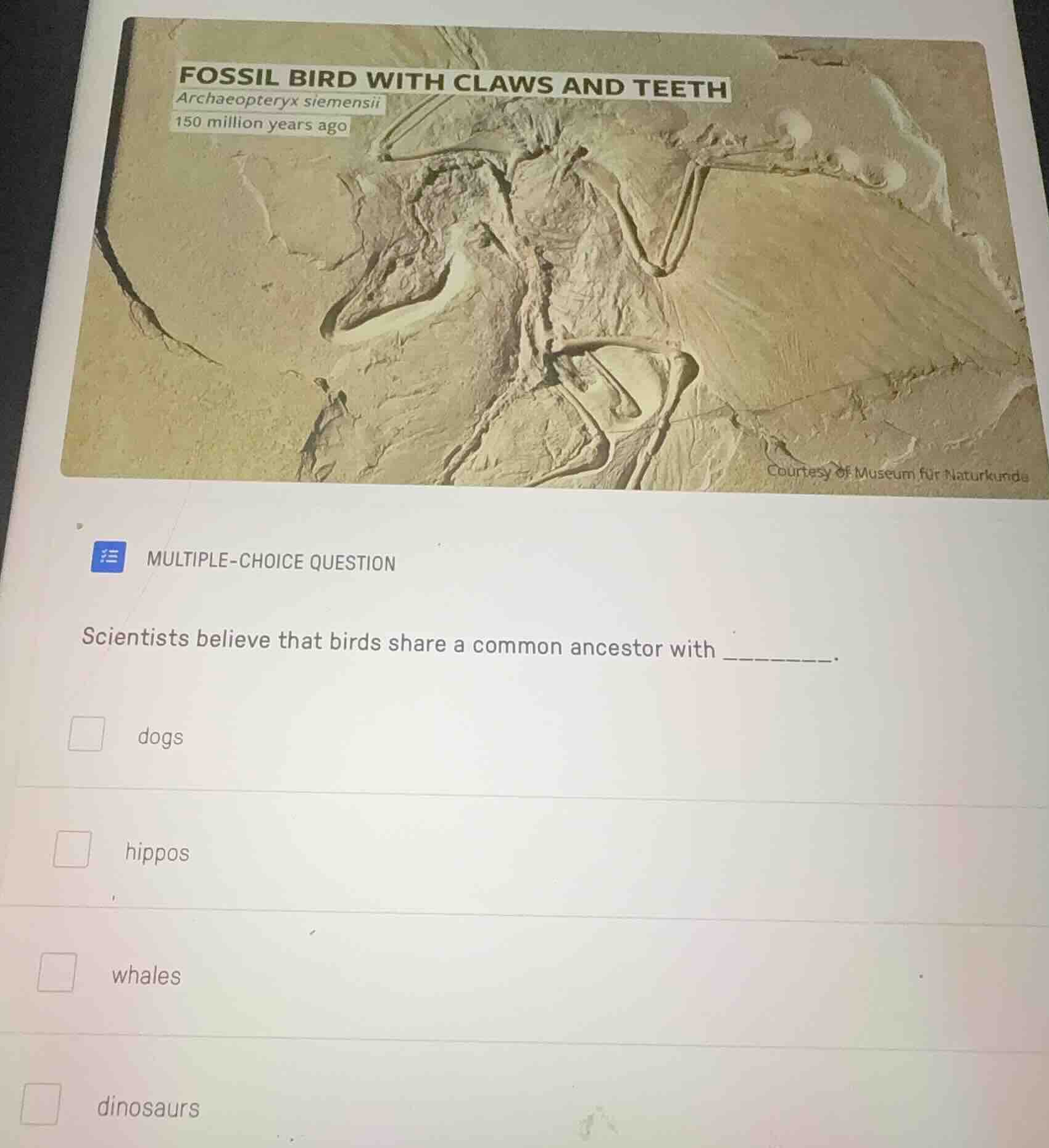 multiple-choice question scientists believe that birds share a common a…