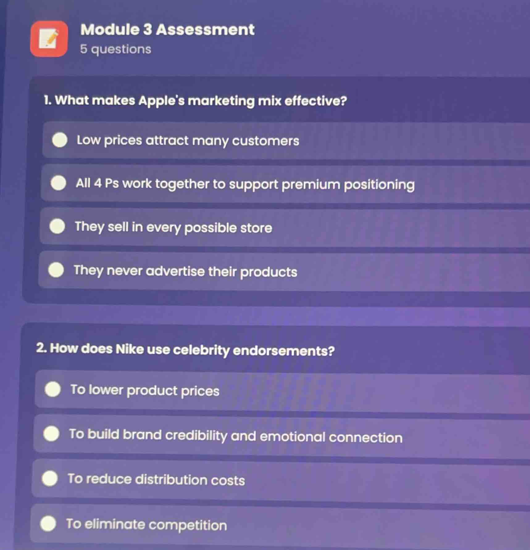 module 3 assessment 5 questions 1. what makes apples marketing mix effe…