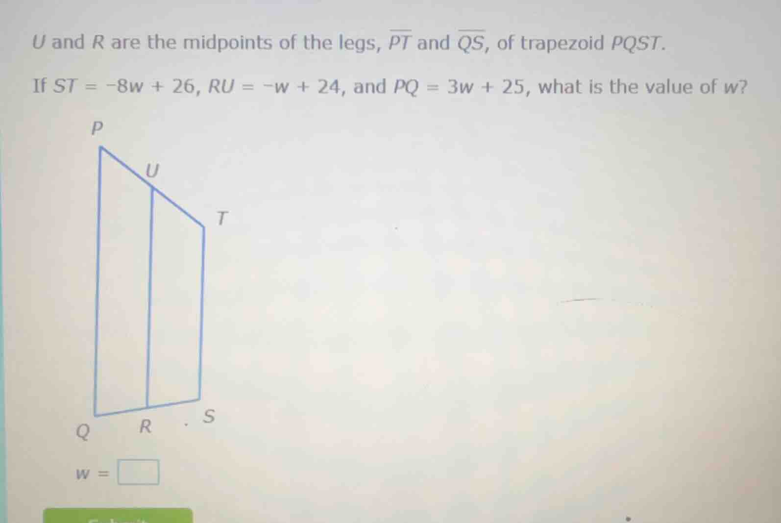 u and r are the midpoints of the legs, \\(\\overline{pt}\\) and \\(\\ov…