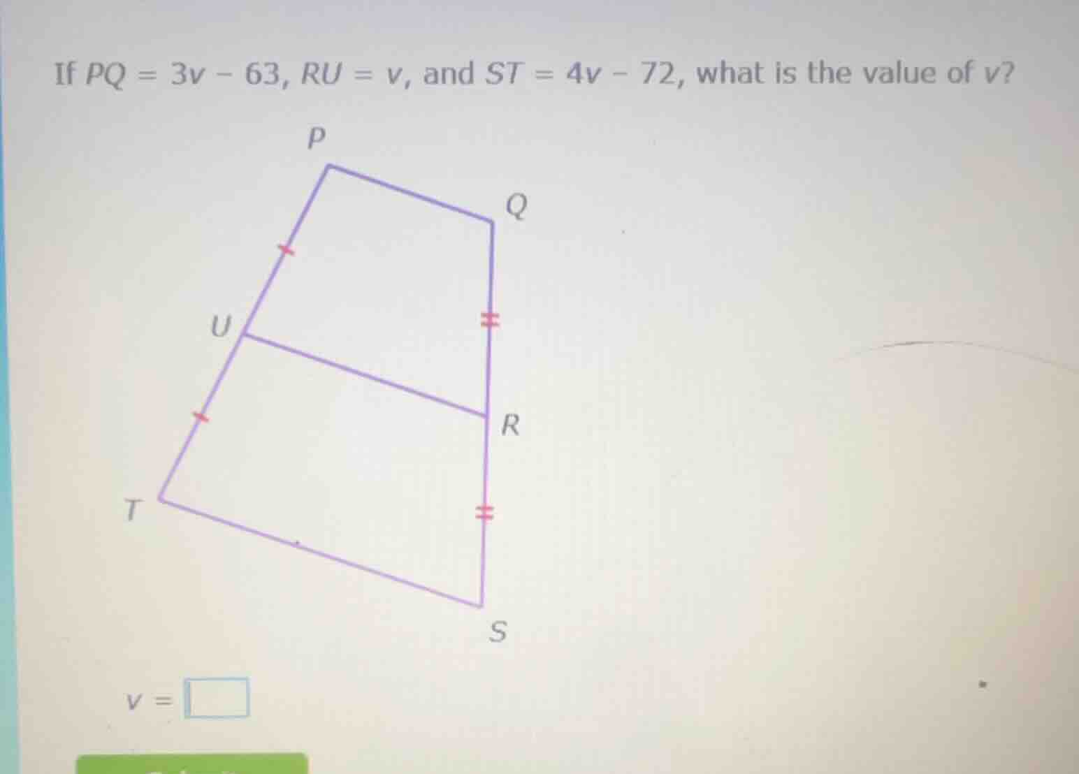 if $pq = 3v - 63$, $ru = v$, and $st = 4v - 72$, what is the value of $…