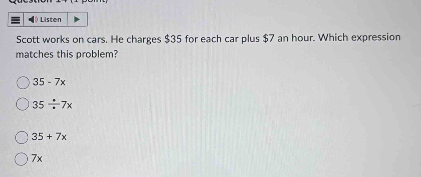 scott works on cars. he charges $35 for each car plus $7 an hour. which…