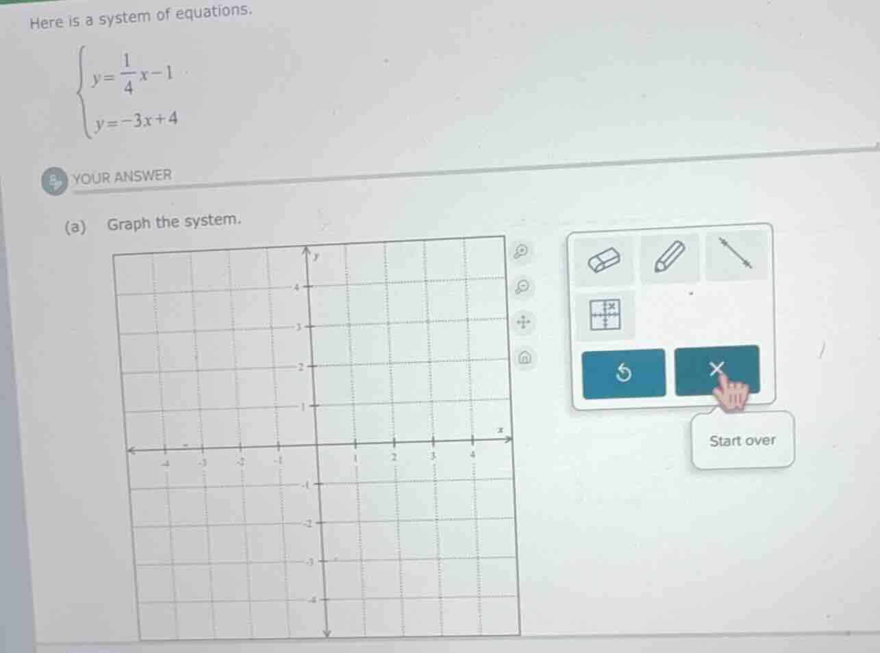 here is a system of equations. \\begin{cases} y = \\frac{1}{4}x - 1 \\ …