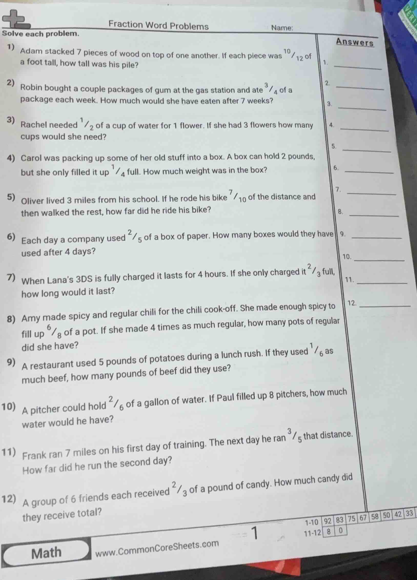 fraction word problems name: solve each problem. 1) adam stacked 7 piec…