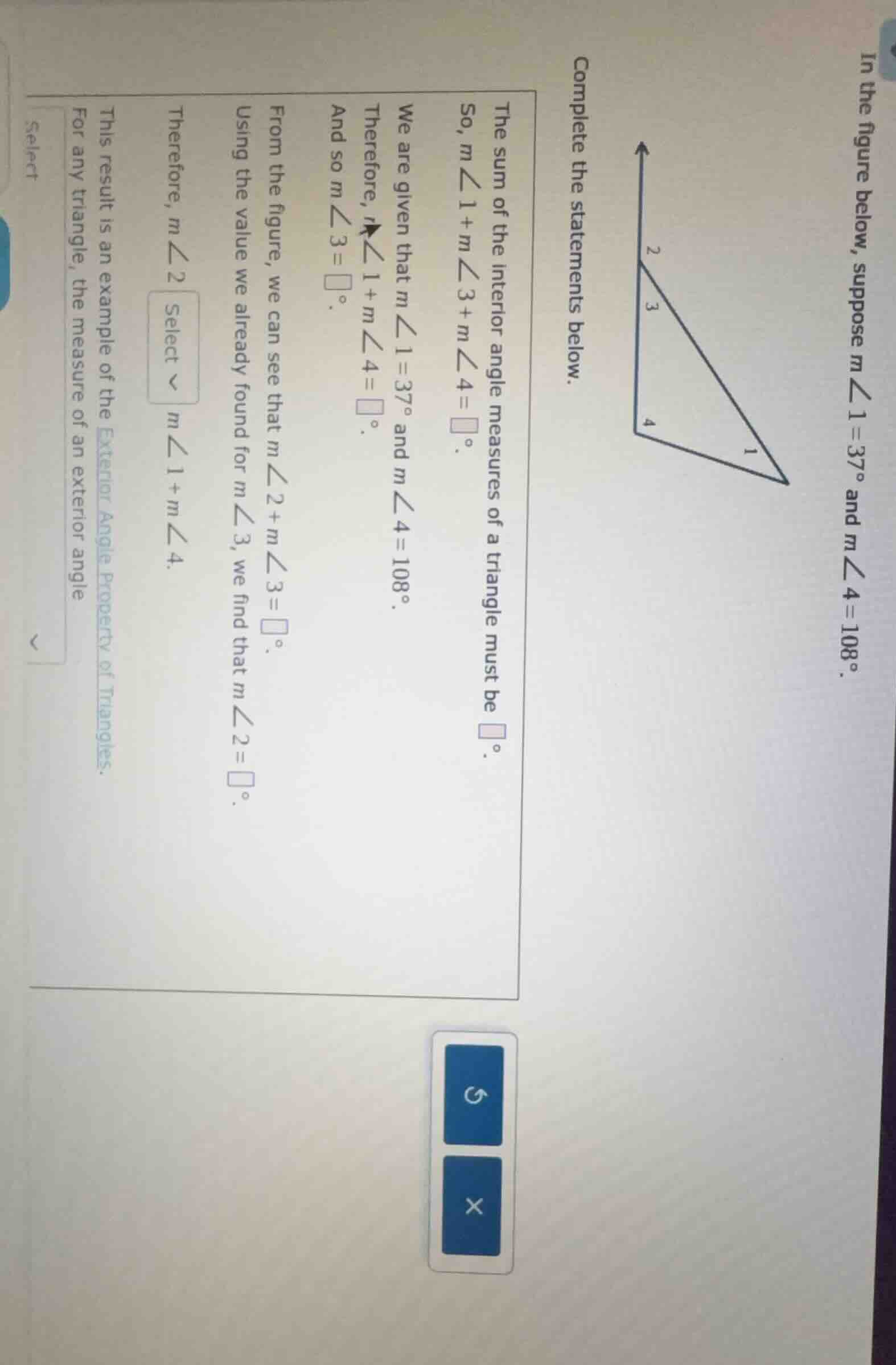 in the figure below, suppose ( mangle 1 = 37^circ ) and ( mangle 4 = 10…