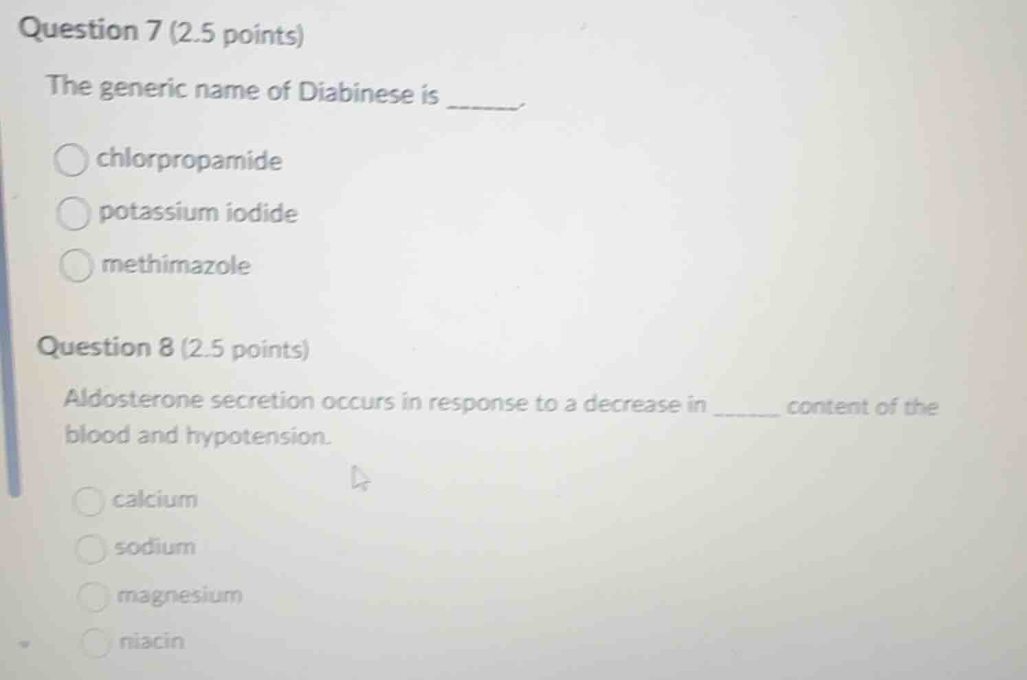 question 7 (2.5 points) the generic name of diabinese is ______. ○ chlo…