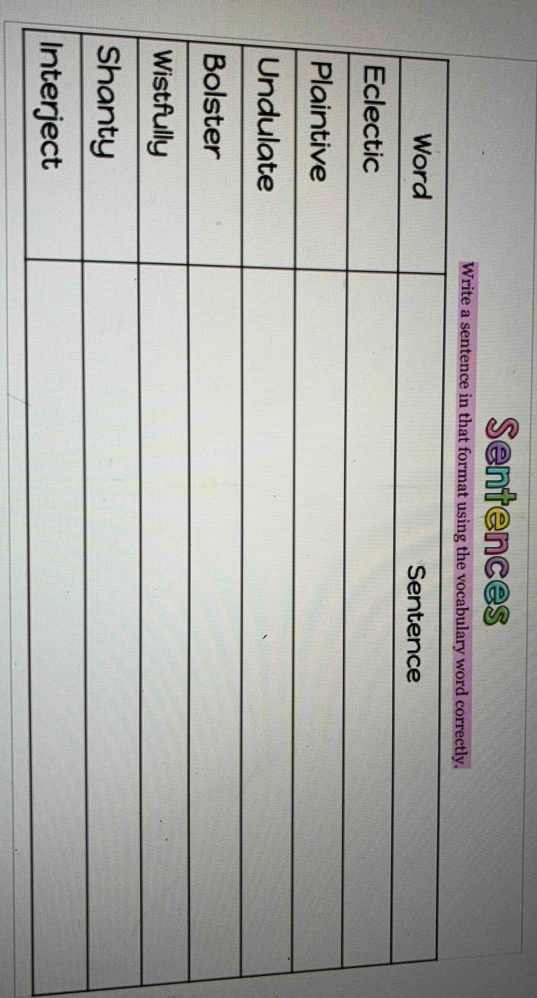 write a sentence in that format using the vocabulary word correctly. wo…