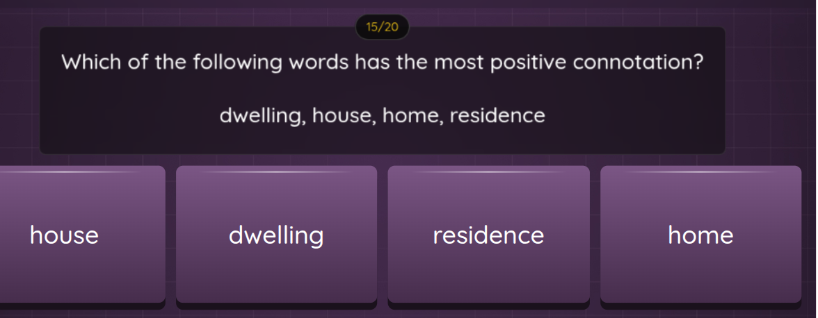 which of the following words has the most positive connotation? dwellin…