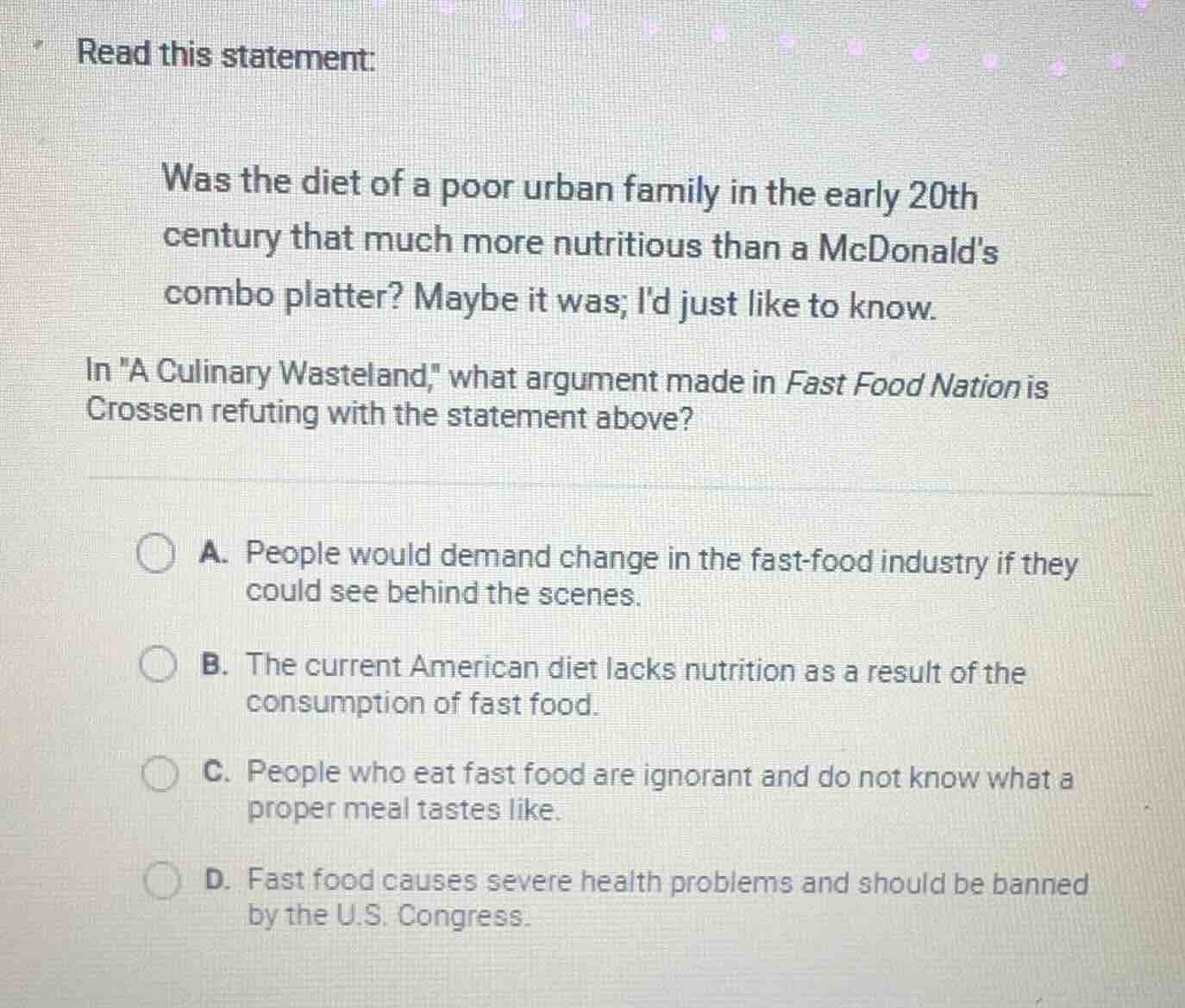 read this statement: was the diet of a poor urban family in the early 2…