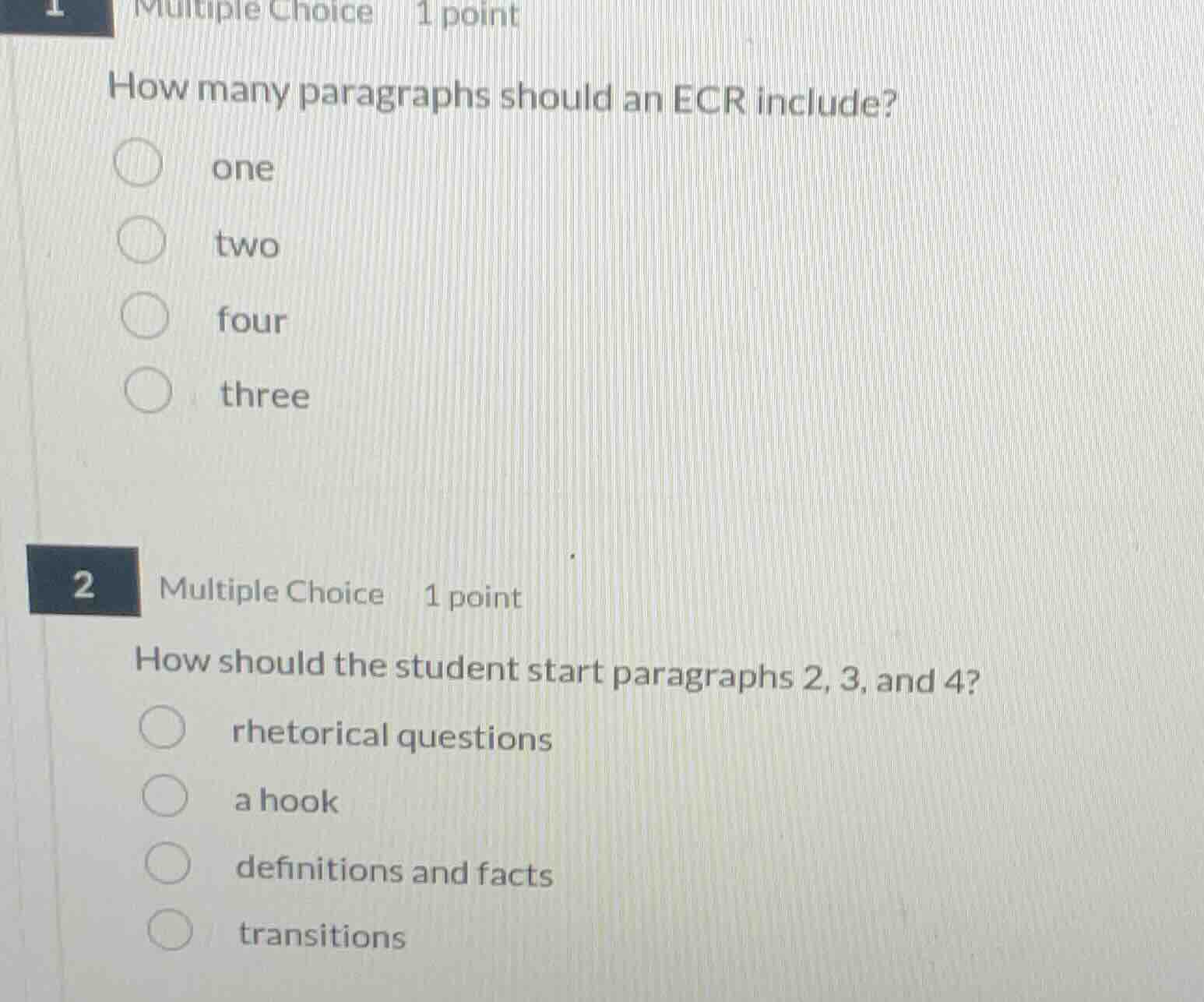 1 multiple choice 1 point how many paragraphs should an ecr include? on…