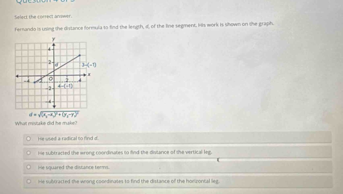 select the correct answer. fernando is using the distance formula to fi…