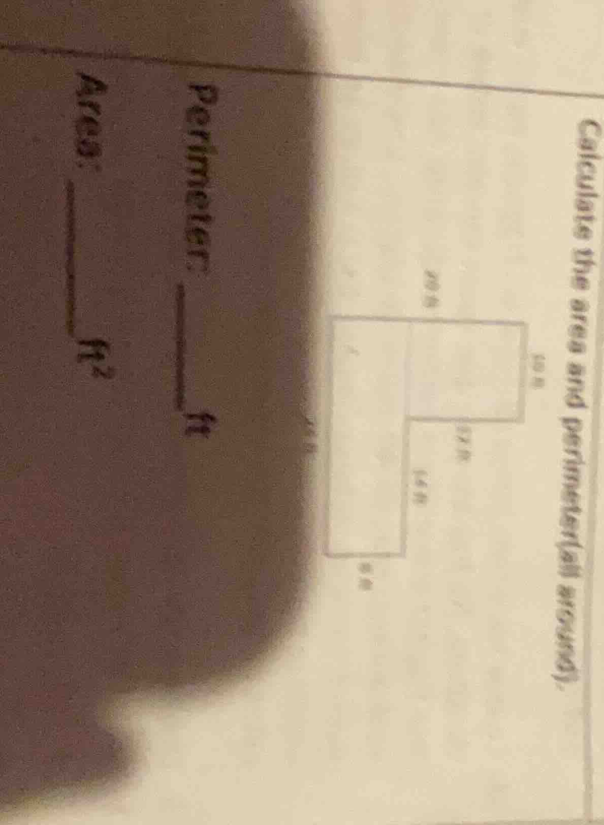 calculate the area and perimeter(all around). perimeter: ____ ft area: …