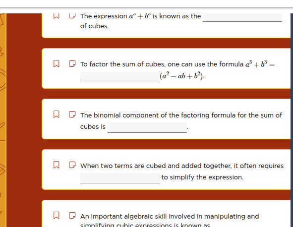 the expression (a^3 + b^3) is known as the ____________ of cubes. to fa…