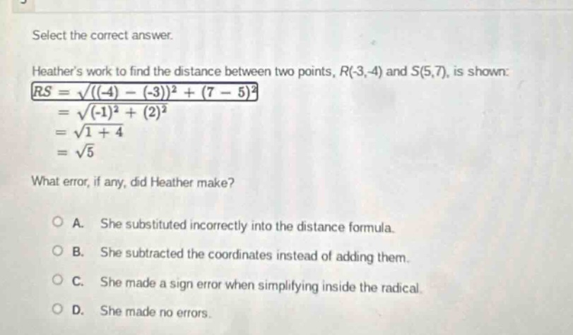 select the correct answer. heather’s work to find the distance between …