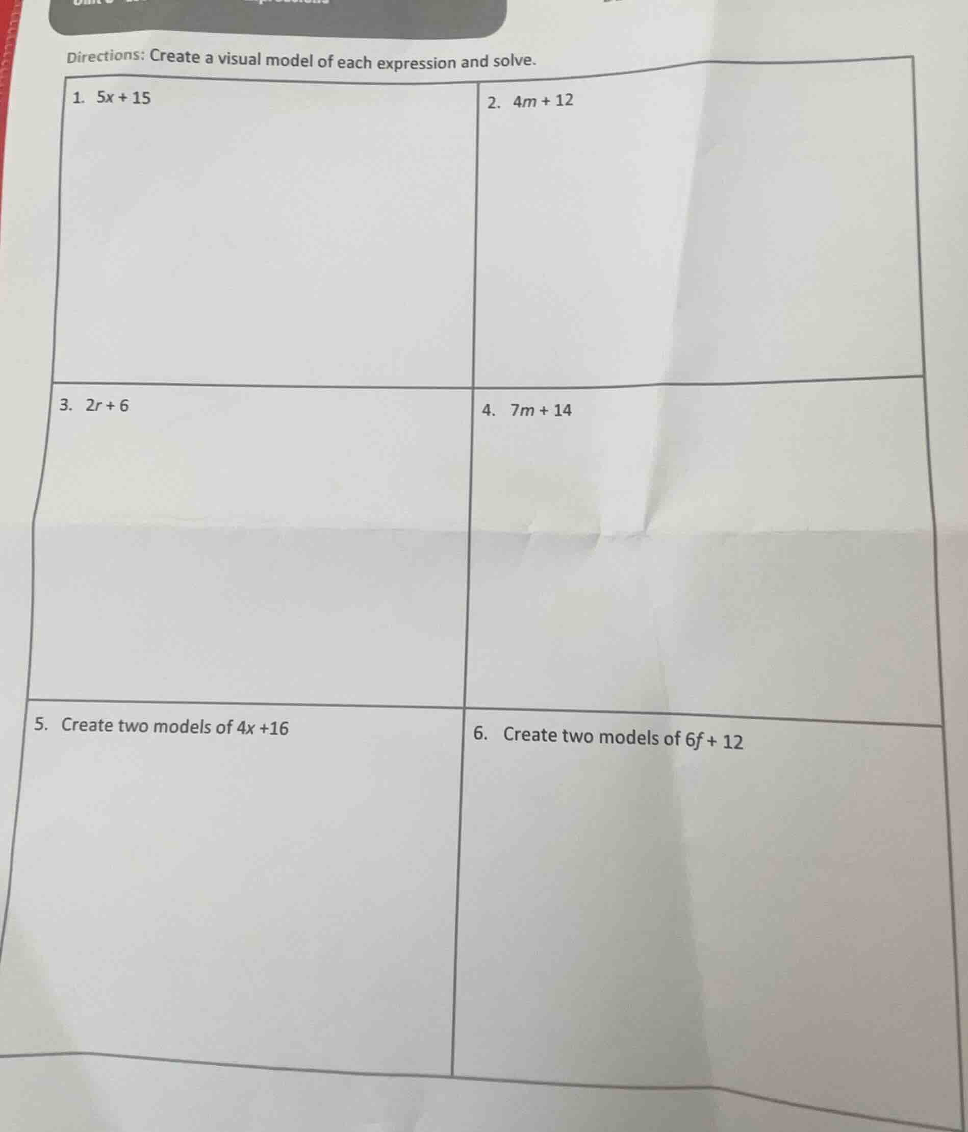 directions: create a visual model of each expression and solve. 1. $5x …