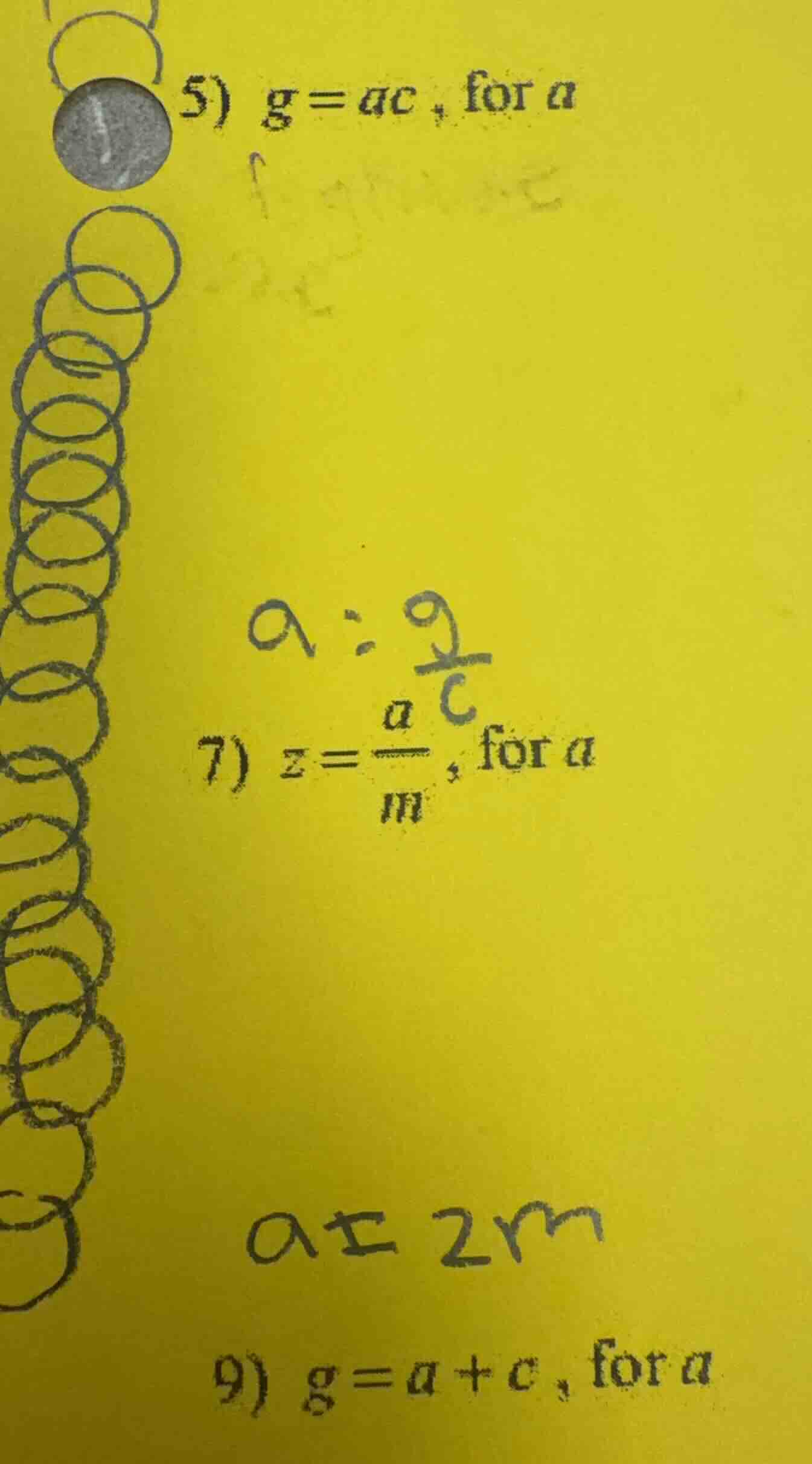 5) g = ac, for a 7) z = \\frac{a}{m}, for a 9) g = a + c, for a
