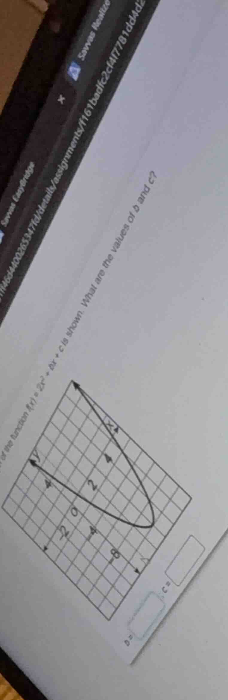 of the function ( f(x) = 2x^2 + bx + c ) is shown. what are the values …