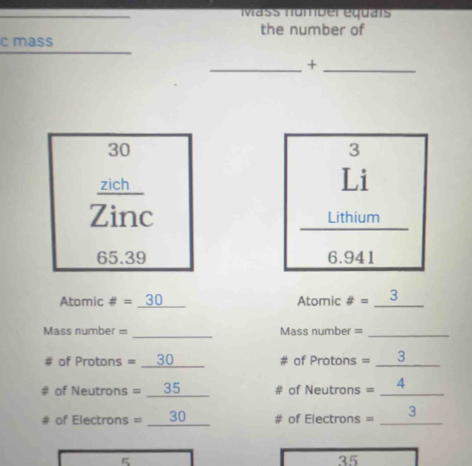 mass number equals the number of __________ + __________ 30 zich zinc 6…