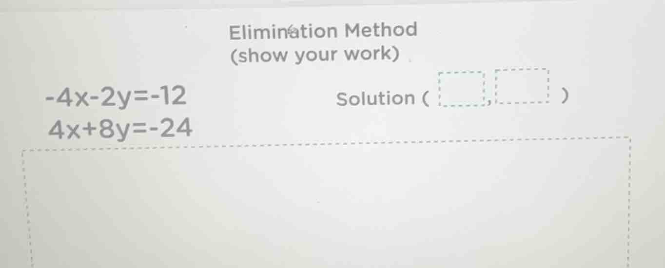 elimination method (show your work) -4x - 2y = -12 4x + 8y = -24 soluti…