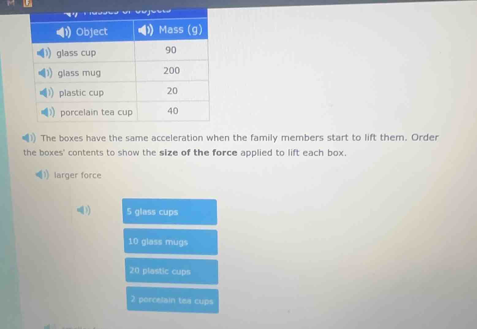 object | mass (g) glass cup | 90 glass mug | 200 plastic cup | 20 porce…