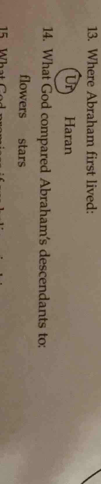 13. where abraham first lived: haran 14. what god compared abraham’s de…