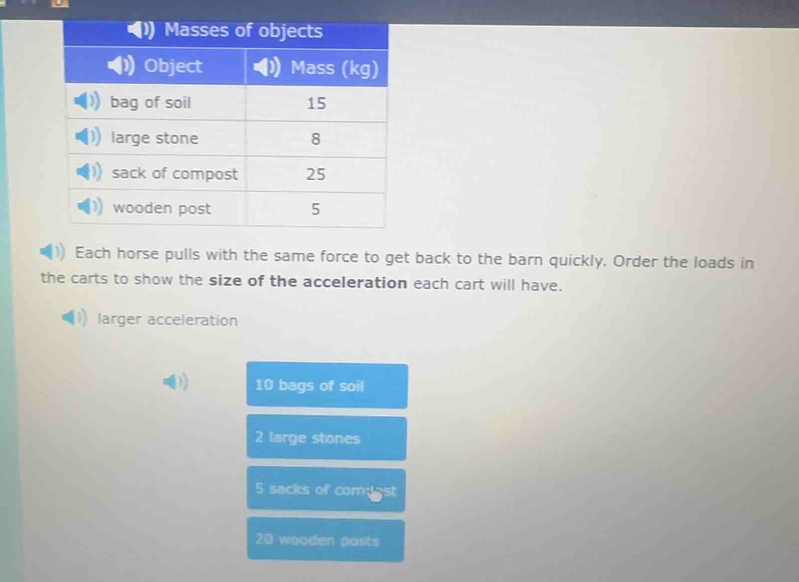 masses of objects object | mass (kg) bag of soil | 15 large stone | 8 s…