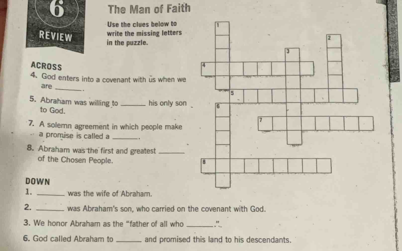 6 review the man of faith use the clues below to write the missing lett…