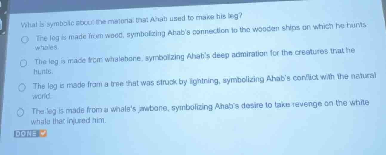 what is symbolic about the material that ahab used to make his leg? the…
