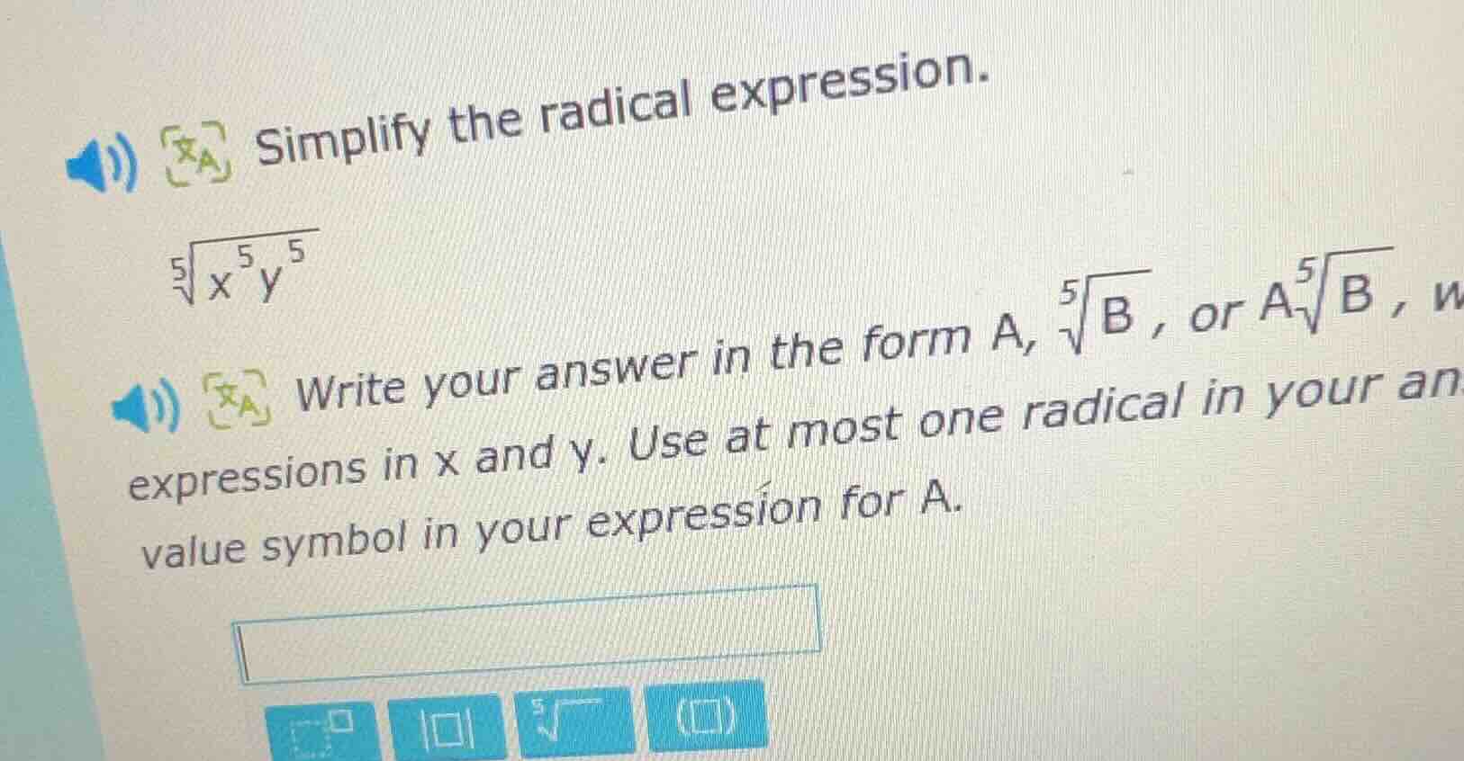 simplify the radical expression. \\(\\sqrt5{x^{5}y^{5}}\\) write your a…