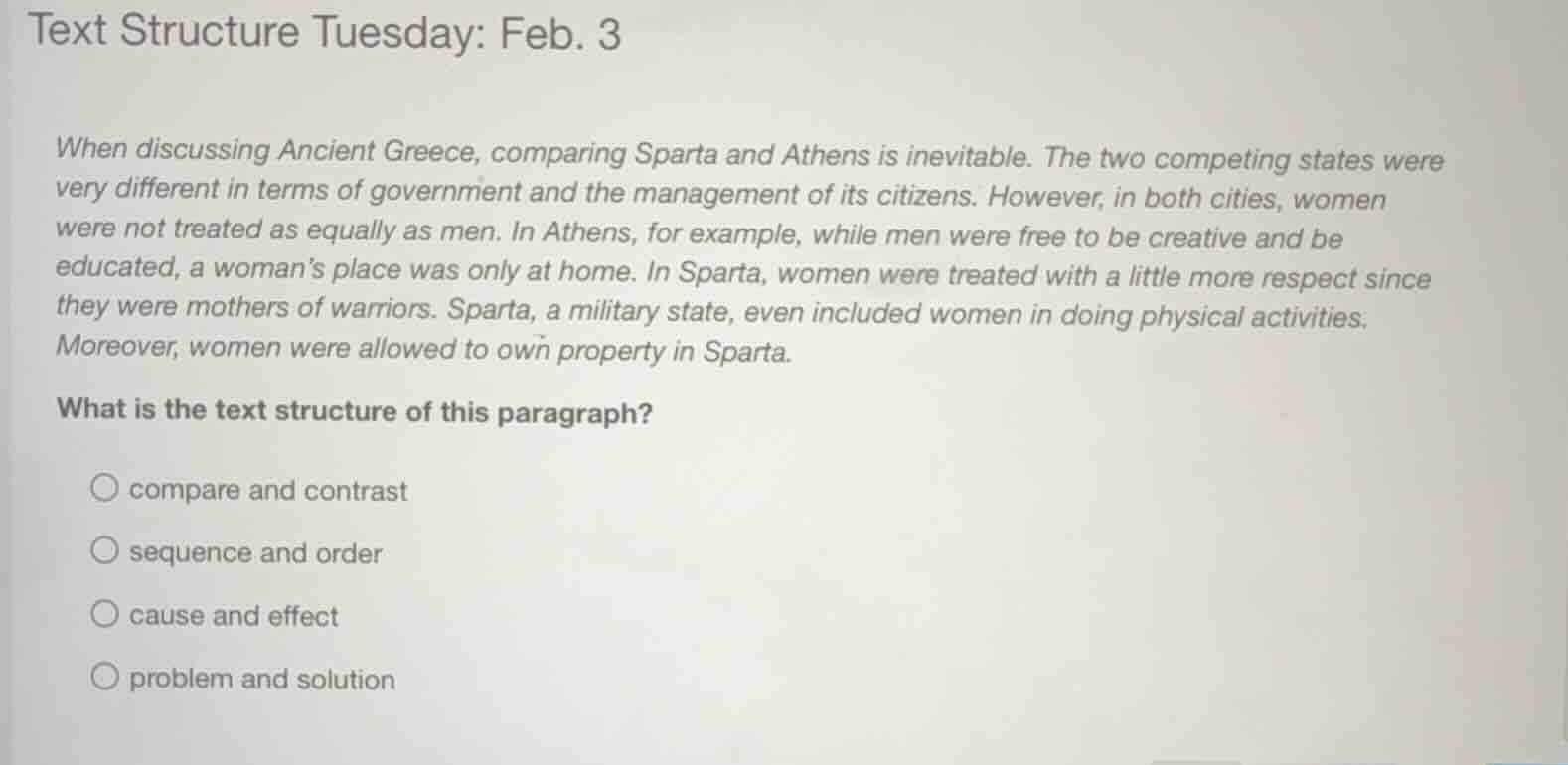 text structure tuesday: feb. 3 when discussing ancient greece, comparin…