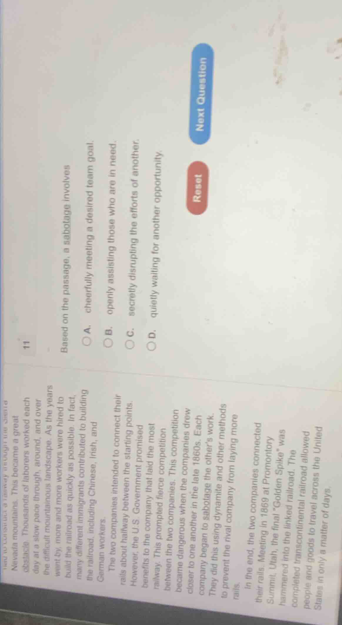 11 based on the passage, a sabotage involves a. cheerfully meeting a de…