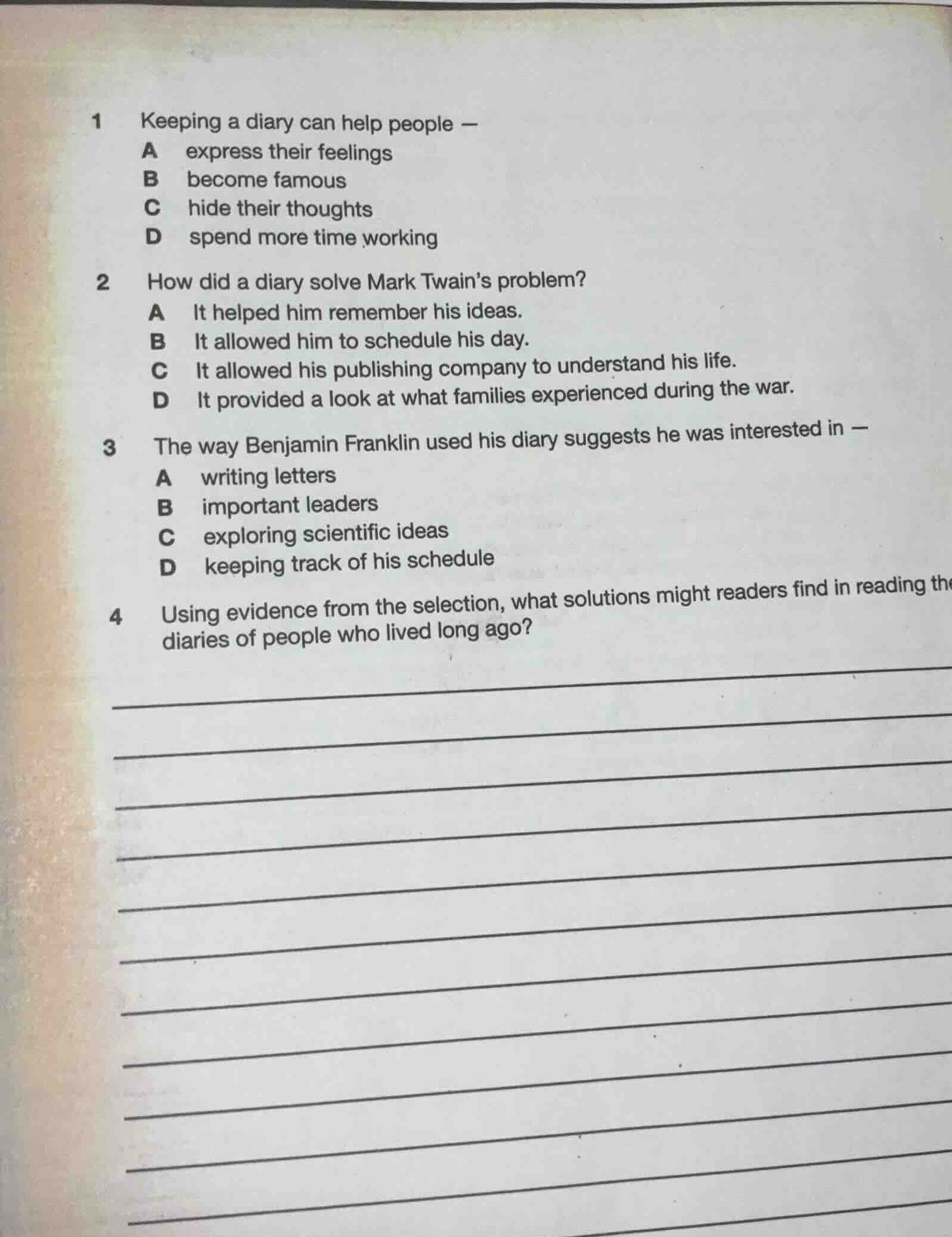 1 keeping a diary can help people — a express their feelings b become f…