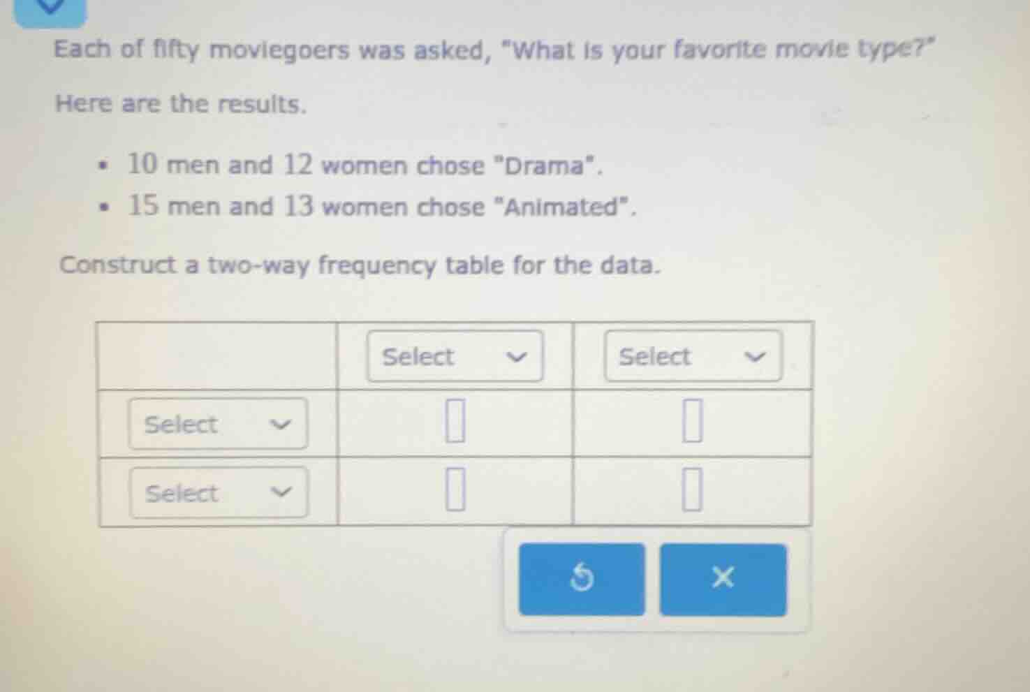 each of fifty moviegoers was asked, \what is your favorite movie type?\…