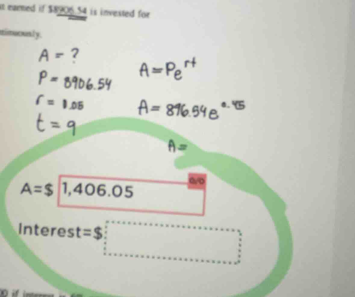 i earned if $8906.54 is invested for continuously. a = ? p = 8906.54 r …