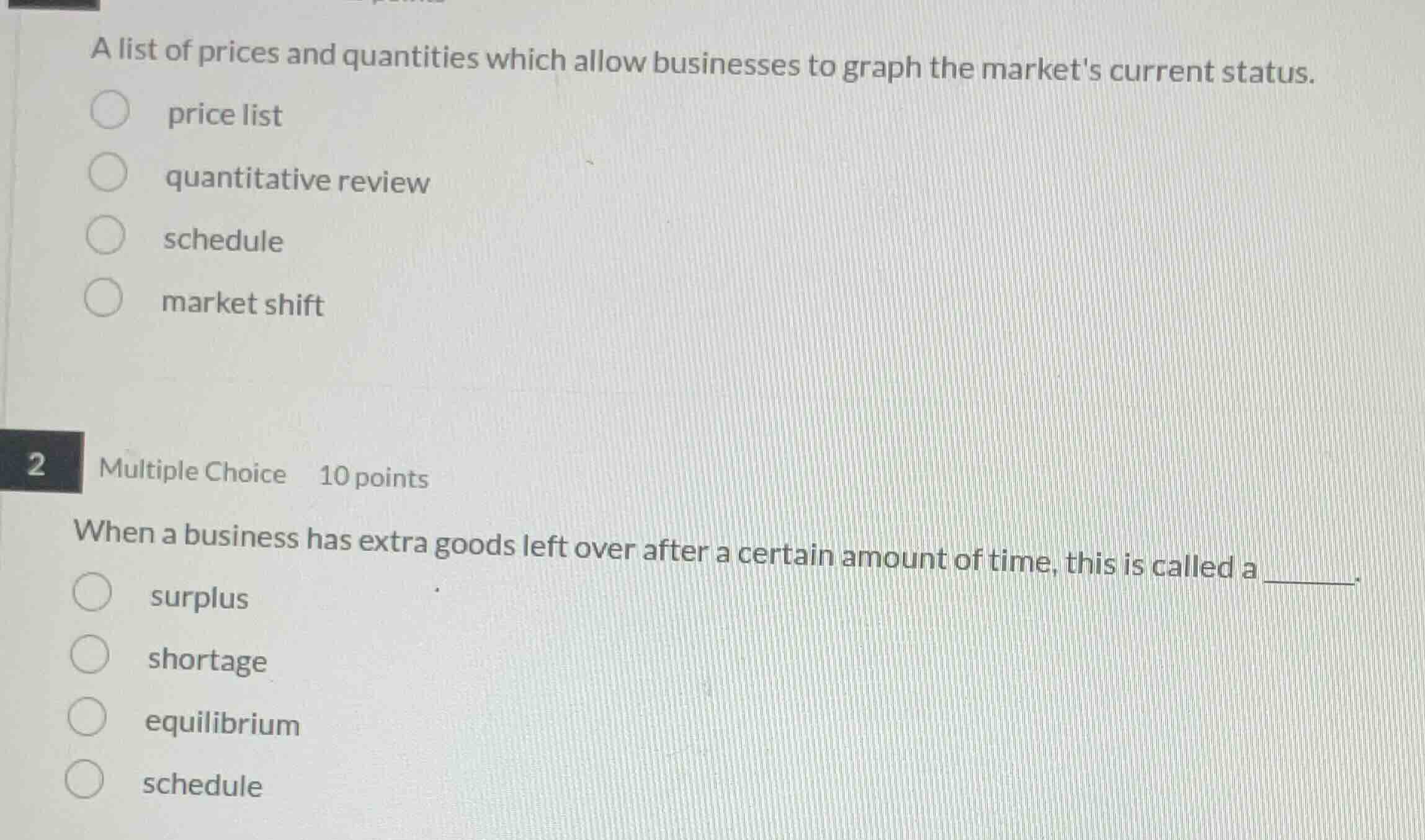 a list of prices and quantities which allow businesses to graph the mar…