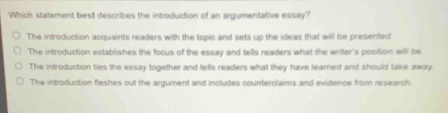 which statement best describes the introduction of an argumentative ess…
