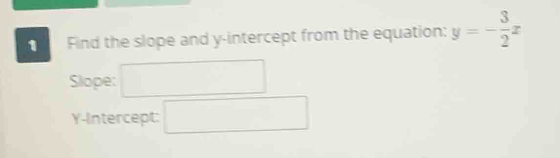 1 find the slope and y-intercept from the equation: $y = -\frac{3}{2}x$…
