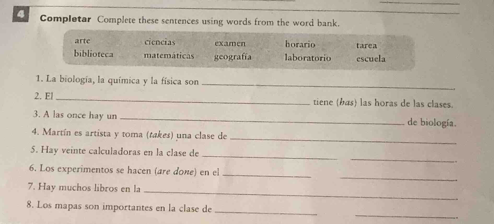 completar complete these sentences using words from the word bank. arte…