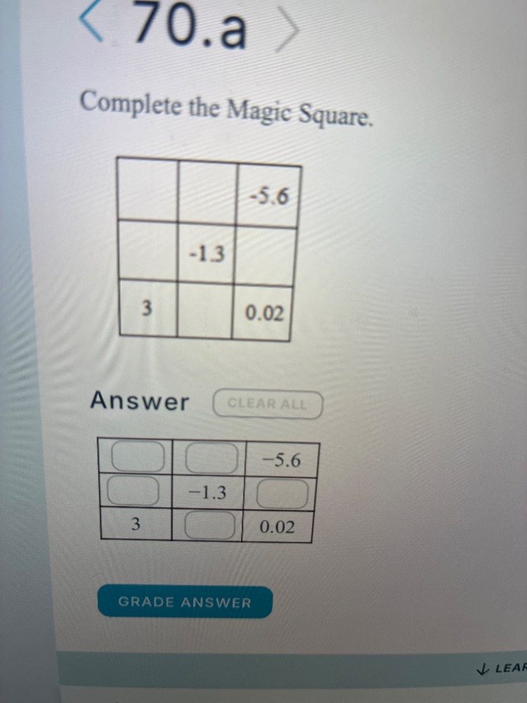 70.a complete the magic square. -5.6 -1.3 3 0.02 answer -5.6 -1.3 3 0.02