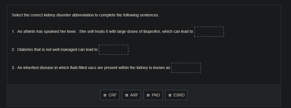 select the correct kidney disorder abbreviation to complete the followi…