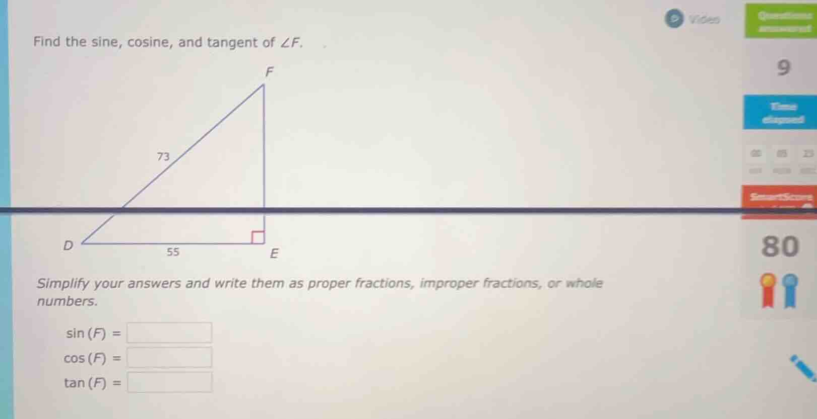 find the sine, cosine, and tangent of ∠f. simplify your answers and wri…