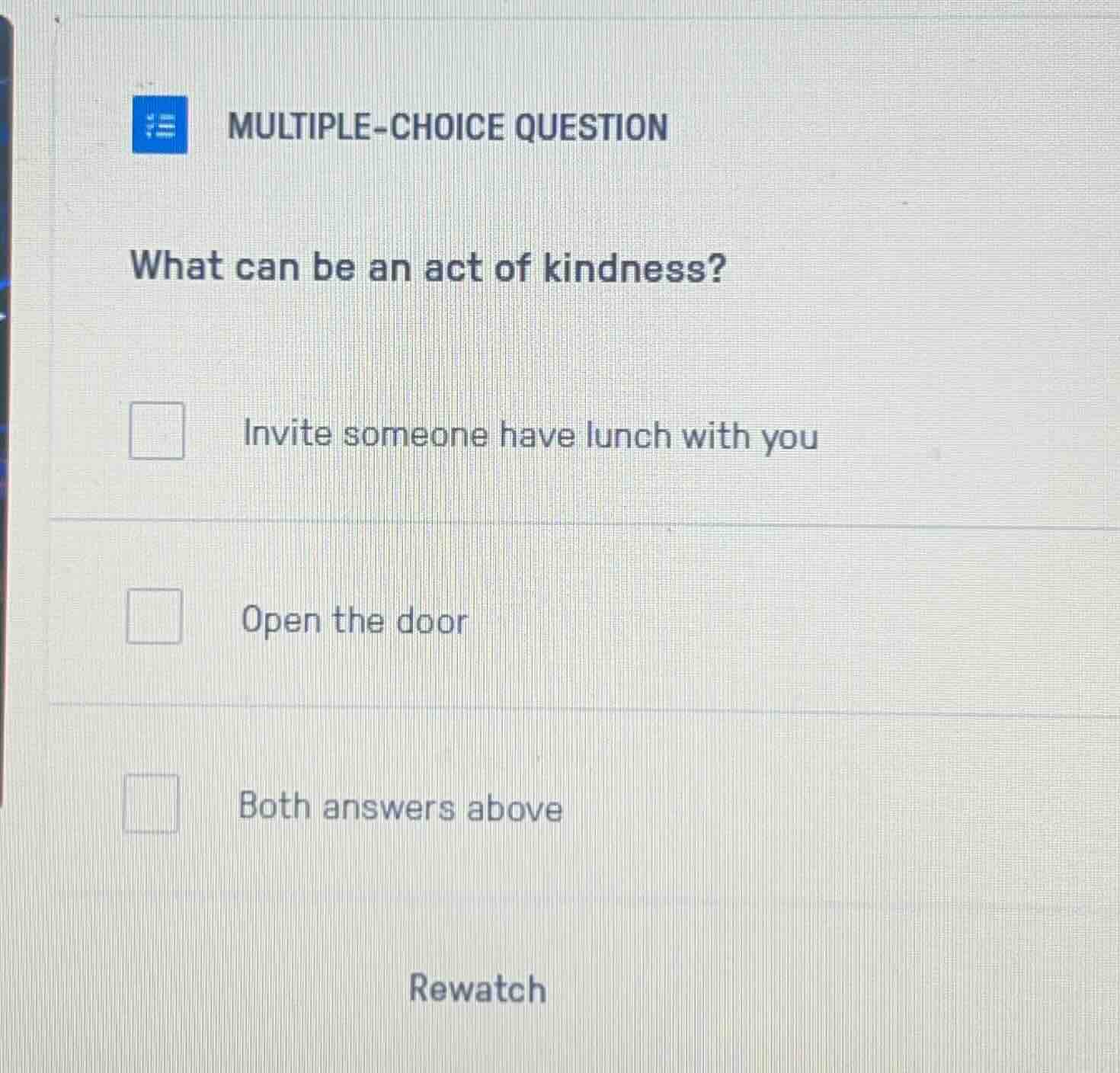 multiple-choice question what can be an act of kindness? invite someone…