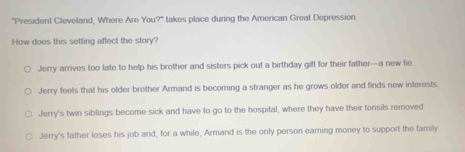 \president cleveland, where are you?\ takes place during the american g…