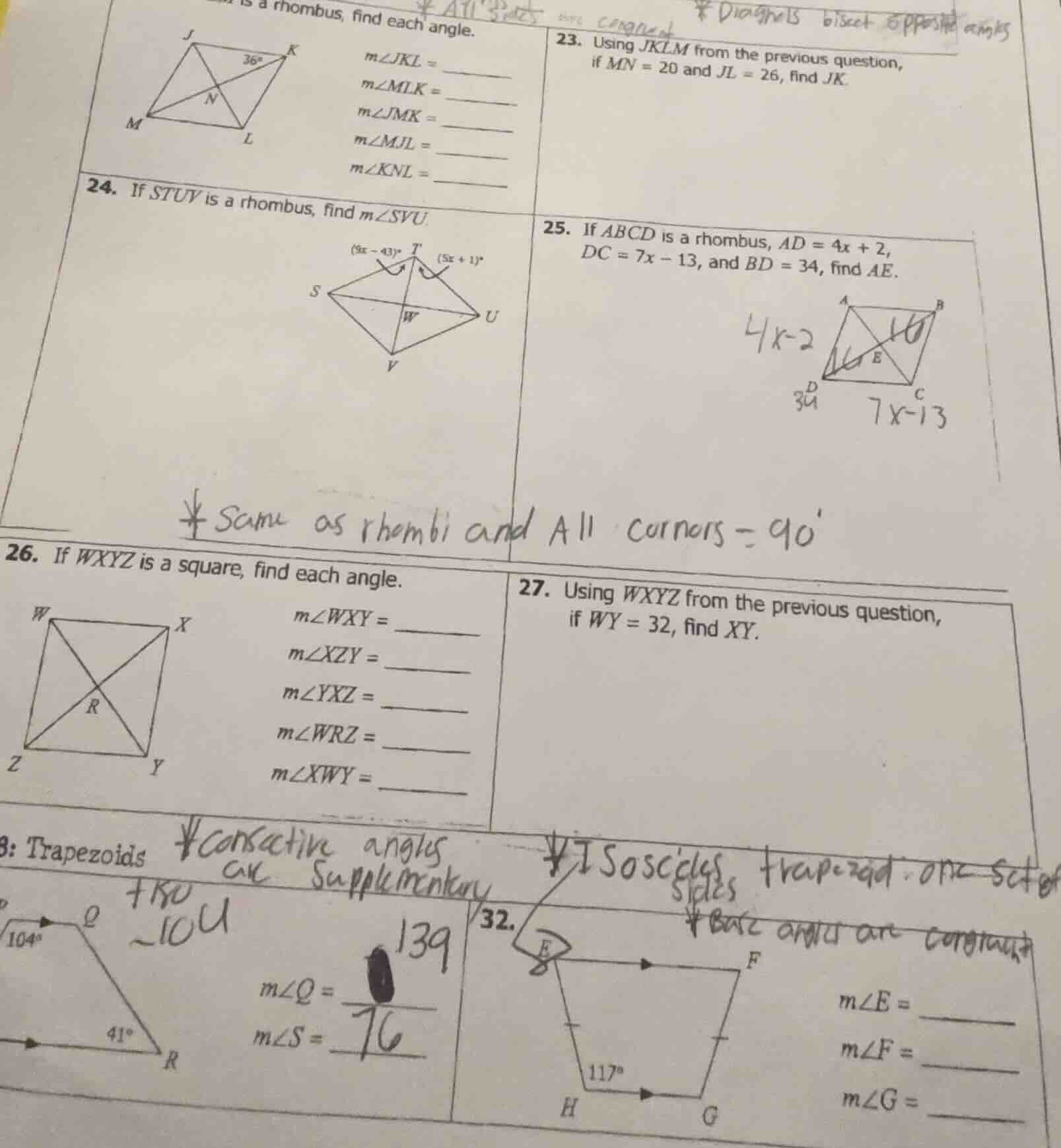 a rhombus, find each angle. 23. using jklm from the previous question, …
