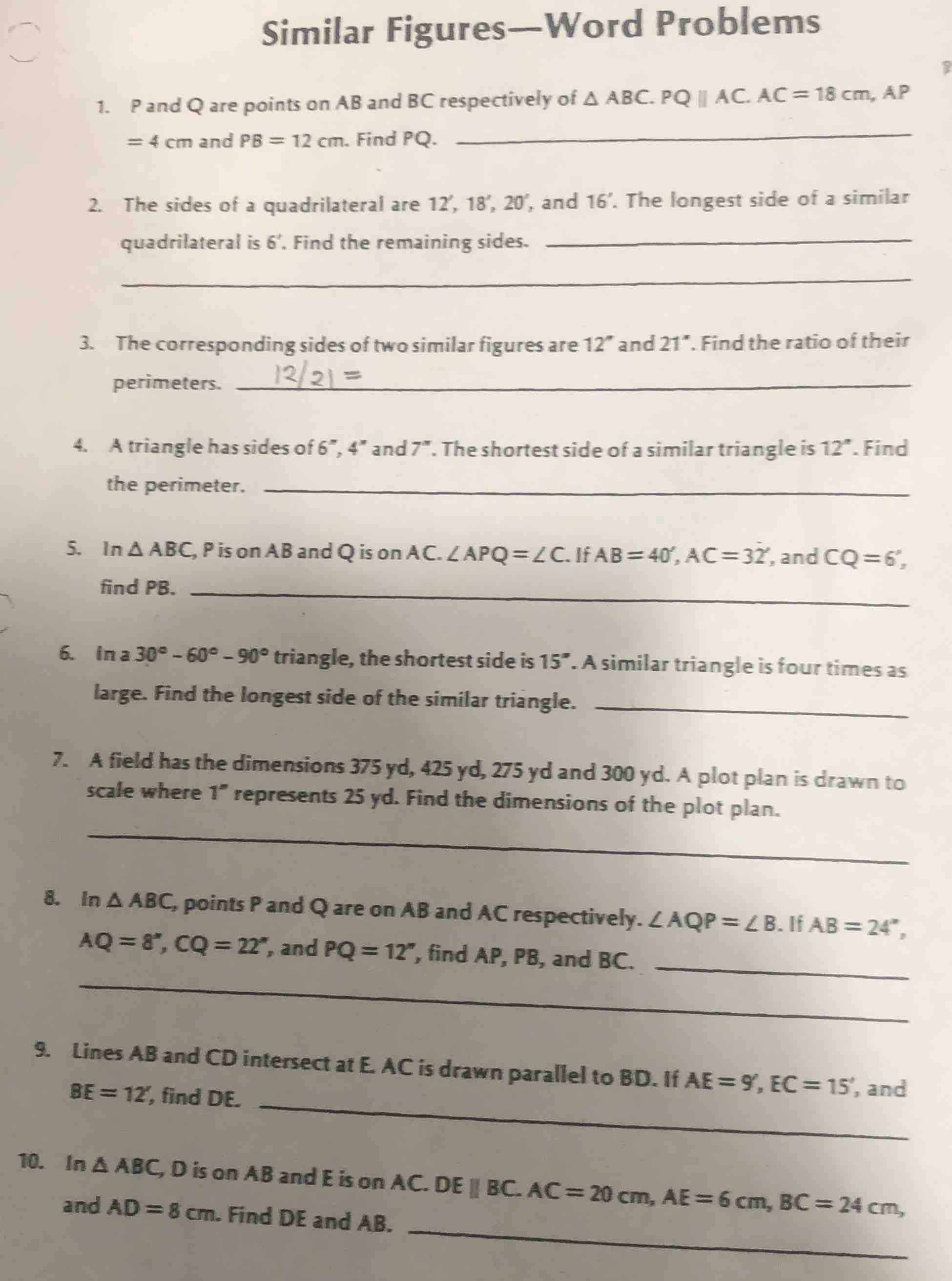 similar figures—word problems 1. p and q are points on ab and bc respec…